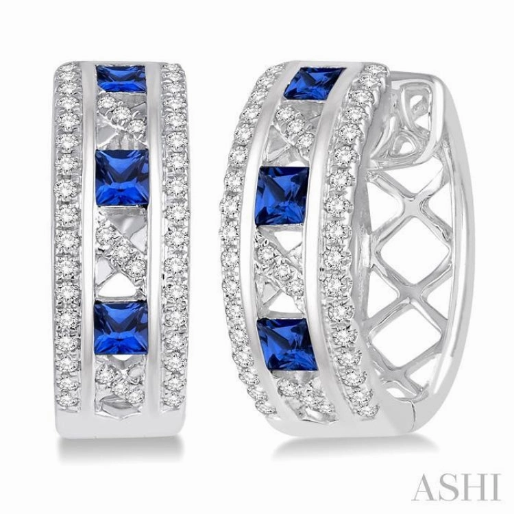 Lush Touch 2.4x2.4 MM Princess Cut Sapphire and 1/3 ctw Round Cut Diamond Precious Earrings in 14K White Gold