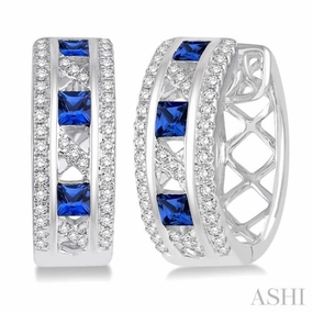 Lush Touch 2.4x2.4 MM Princess Cut Sapphire and 1/3 ctw Round Cut Diamond Precious Earrings in 14K White Gold