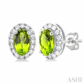 5x3 MM Oval Shape Peridot and 1/8 Ctw Single Cut Diamond Halo Semi-Precious Stud Earrings in 10K White Gold Graceful Look Luxe Shine Up
