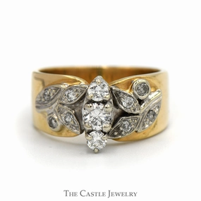 Work Outfit Timeless Detail Vertical Three Stone Diamond Ring with Leaf Designed Diamond Accented Sides in 14k Yellow Gold