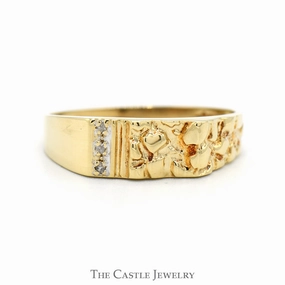 Comfortable Object Vertically Set Illusion Diamond Ring with Nugget Textured Sides in 10k Yellow Gold