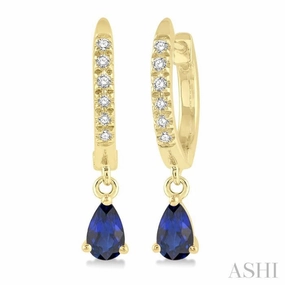 5x3 MM Pear Cut Sapphire and 1/8 Ctw Round Cut Diamond Petite Fashion Huggie Earrings in 14K Yellow Gold Breezy Look