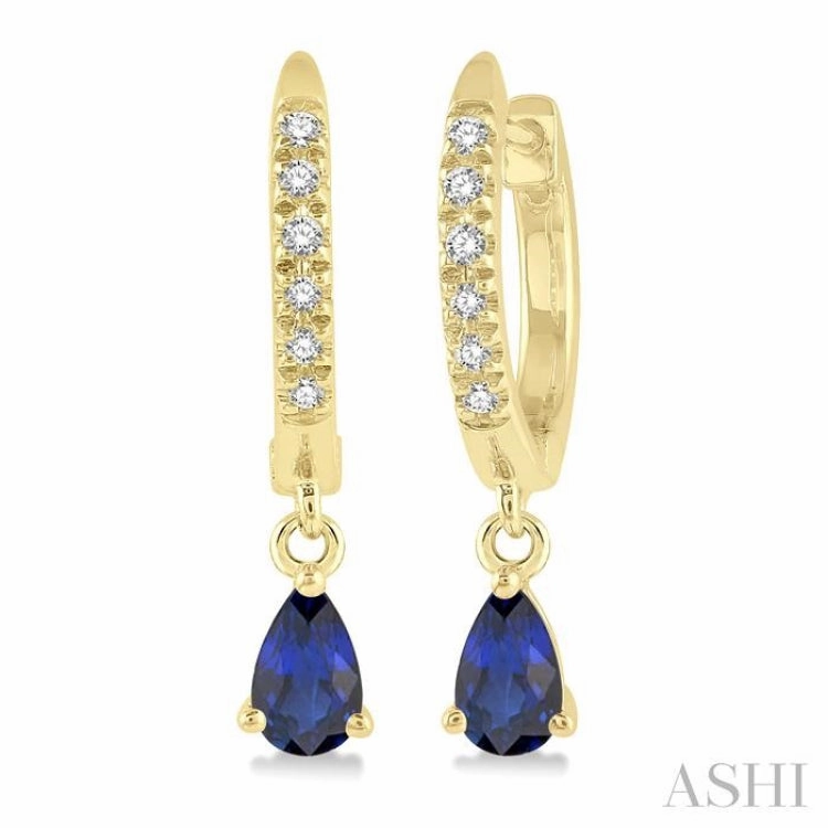 5x3 MM Pear Cut Sapphire and 1/8 Ctw Round Cut Diamond Petite Fashion Huggie Earrings in 14K Yellow Gold Breezy Look