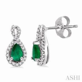 Trendy Fashion Stylish Gift 5x3 MM Pear Shape Emerald and 1/6 Ctw Round Cut Diamond Earrings in 14K White Gold