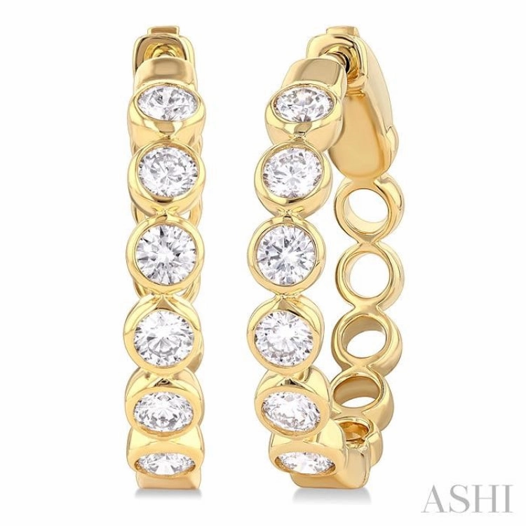 1 Ctw Bezel Set Round Cut Diamond Fashion Hoop Earrings in 14K Yellow Gold Polished Look