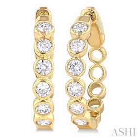 1 Ctw Bezel Set Round Cut Diamond Fashion Hoop Earrings in 14K Yellow Gold Polished Look