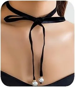 Vintage Black Velvet Choker Gothic Velvet Pearls Drop Choker Long Wrap Rope Collar Tie Necklace Halloween Black Velvet Choker Necklace for Party Wedding