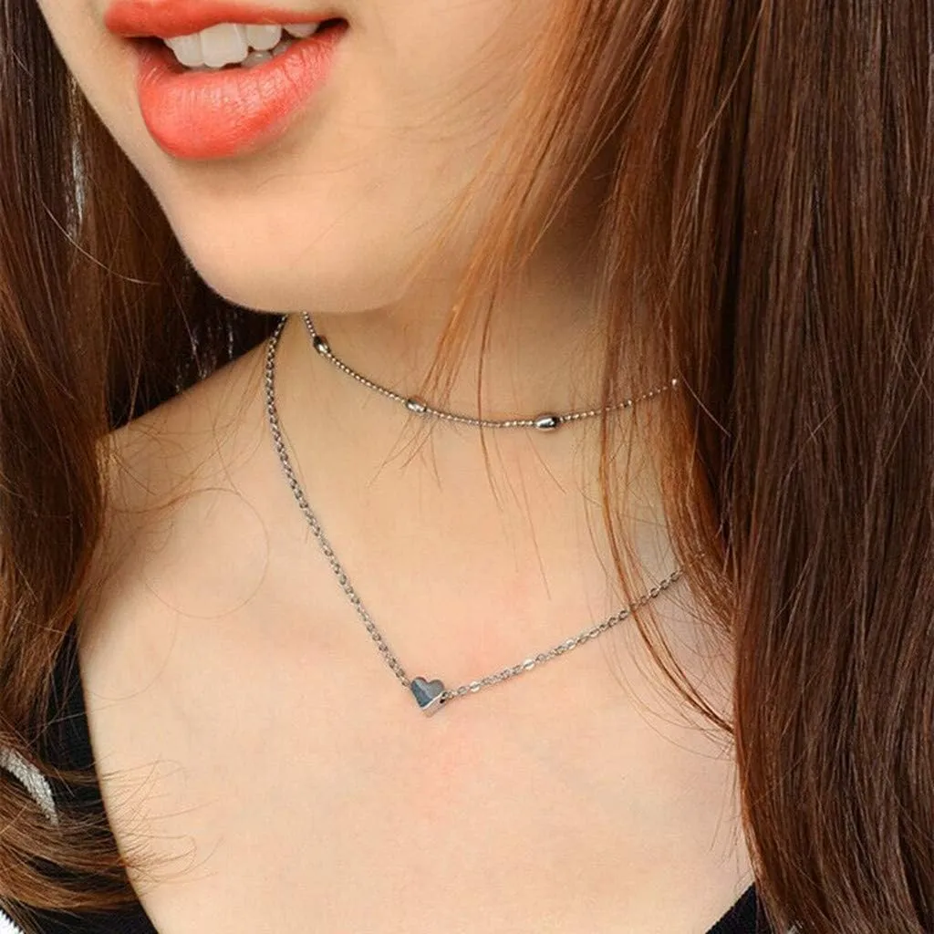 Vintage Bohemian Choker Necklace Heart Beads Pendant Necklaces Layered Dainty Anniversary Necklaces for Women