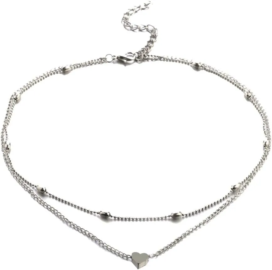 Vintage Bohemian Choker Necklace Heart Beads Pendant Necklaces Layered Dainty Anniversary Necklaces for Women