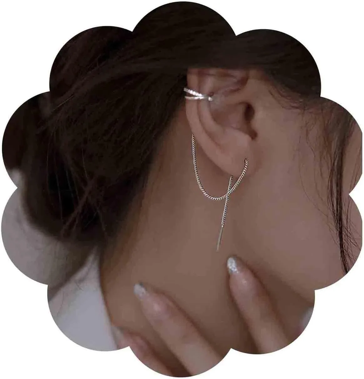 Vintage Cz Circle Ear Cuff Earrings Silver Ring Helix Chain Earring Long Chain Drop Earring Long Chain Pull Through Earrings Bar Drop Earrings Jewelry for Women