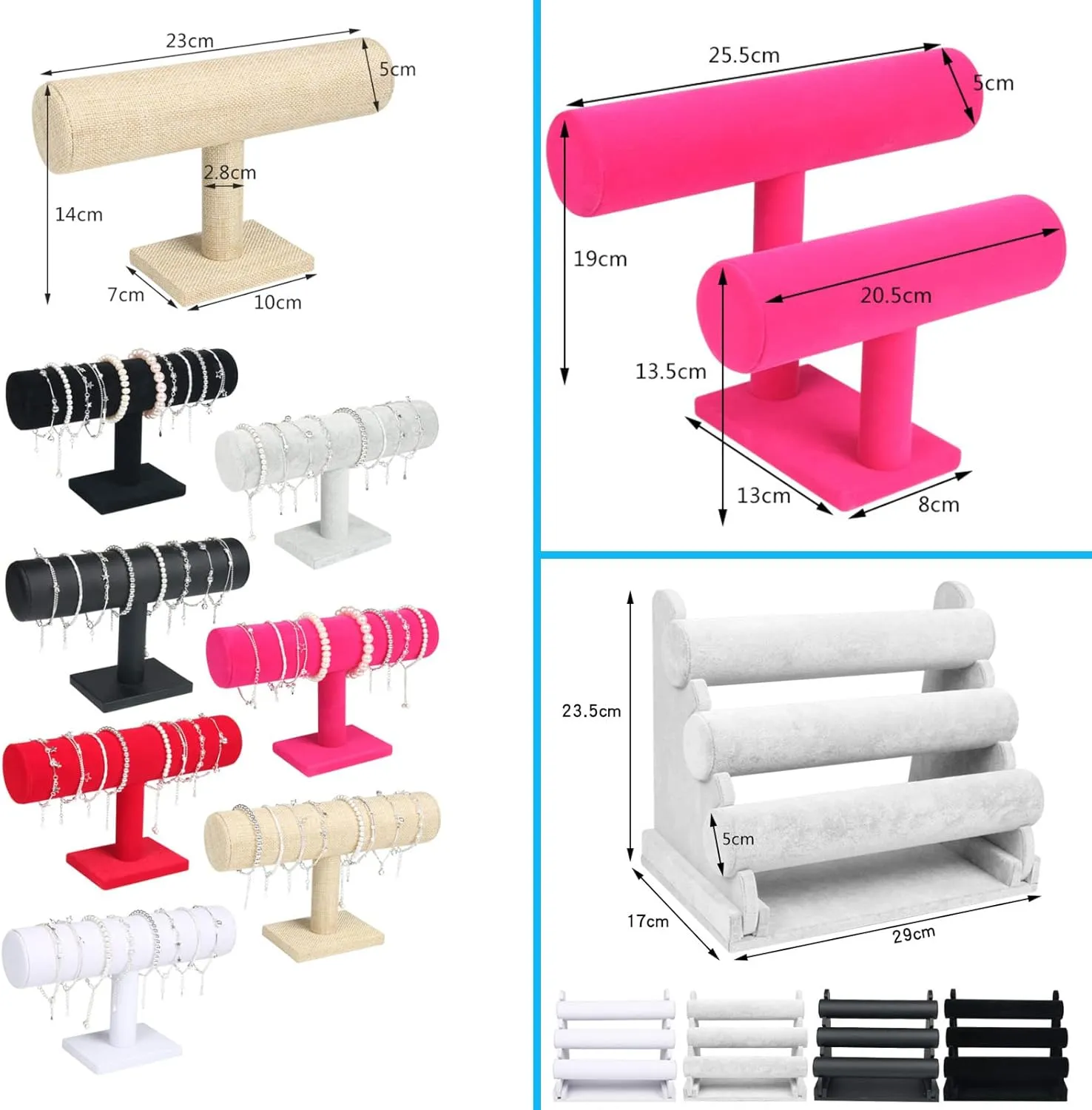 Vintage PU Leather/Velvet Bracelet Chain Watch T-Bar Rack Jewelry Organizer Hard Display Stand Holder