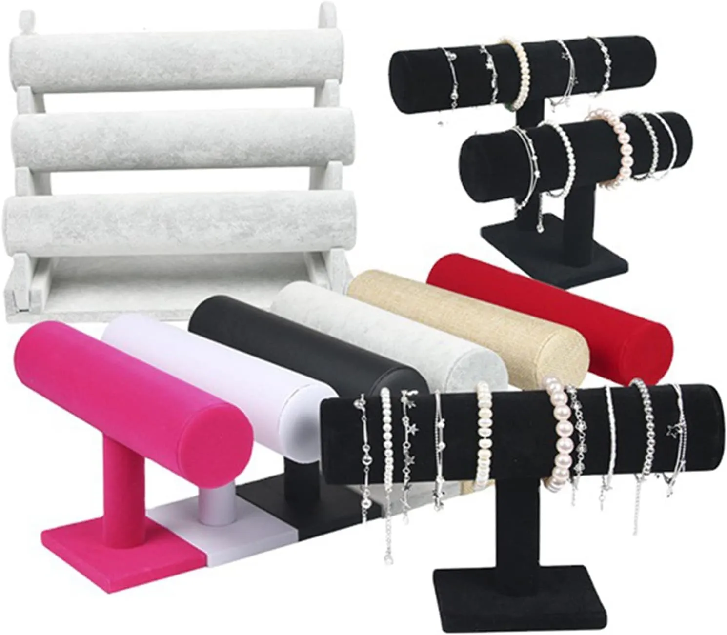 Vintage PU Leather/Velvet Bracelet Chain Watch T-Bar Rack Jewelry Organizer Hard Display Stand Holder