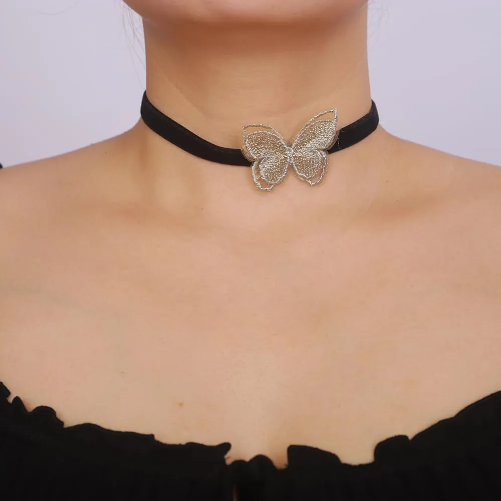 Vintage Velvet Butterfly Choker - Black and Pink Velvet Collar Necklace for Women & Girls