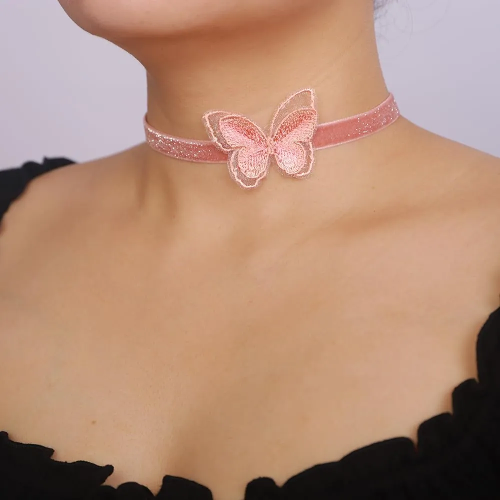 Vintage Velvet Butterfly Choker - Black and Pink Velvet Collar Necklace for Women & Girls