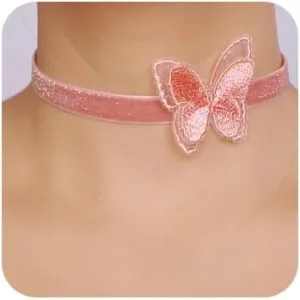 Vintage Velvet Butterfly Choker - Black and Pink Velvet Collar Necklace for Women & Girls