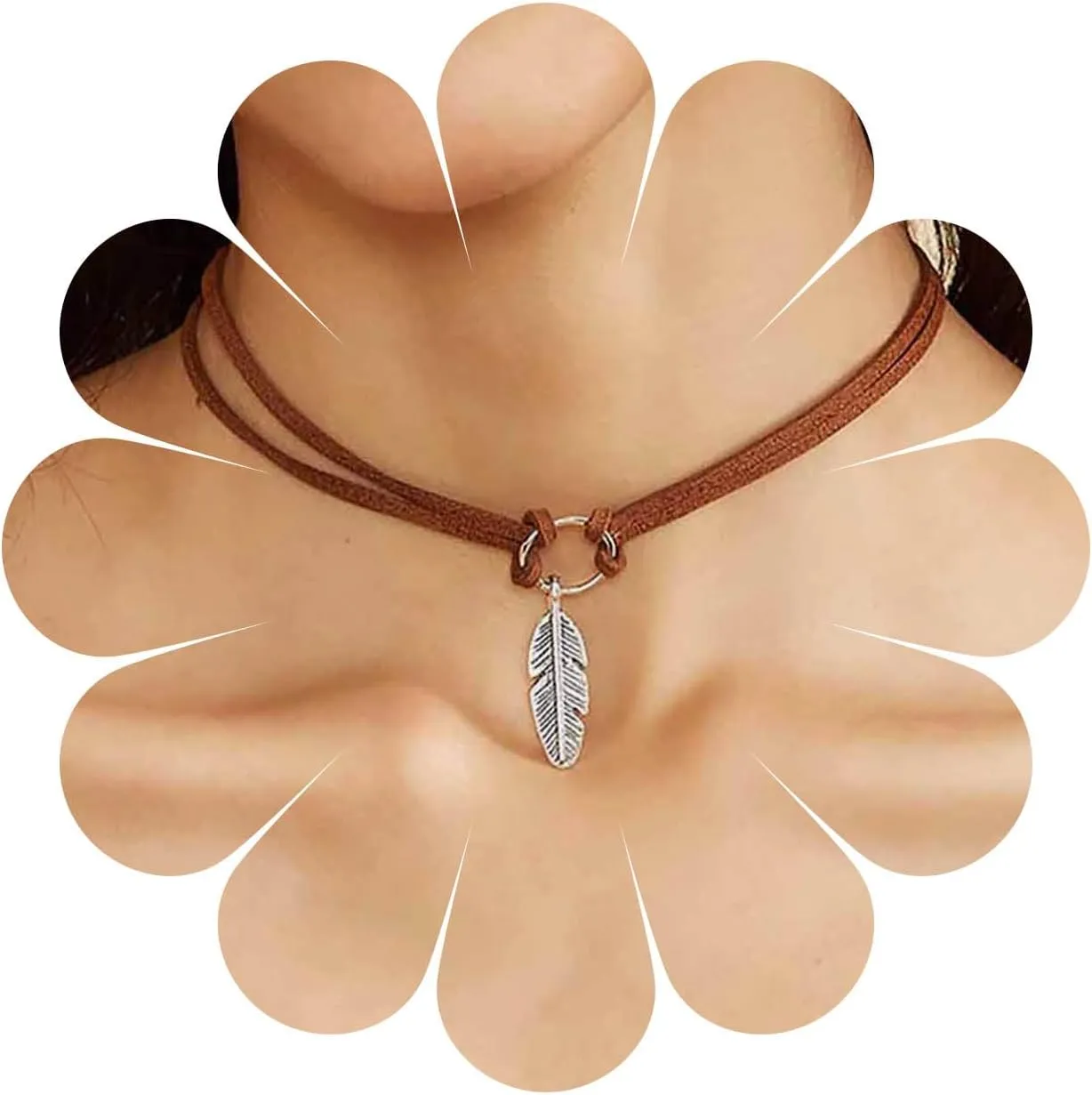Vintage Velvet Choker Necklace Black Velvet Suede Collar Necklace Silver Short Feather Pendant Necklace Gothic Velvet Circle Choker Necklace Jewelry for Women