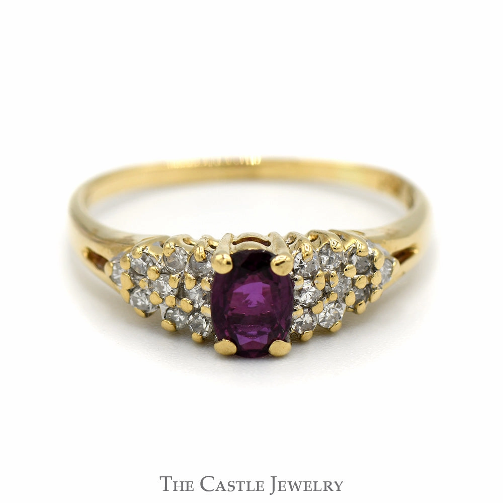 Oval Ruby Ring with Diamond Cluster Accents in 14k Yellow Gold Delicate Craft Postmodern Design