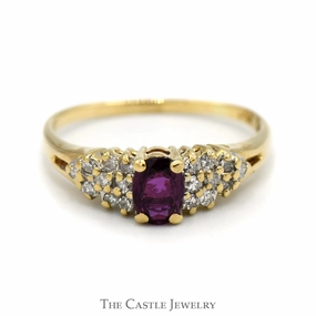Oval Ruby Ring with Diamond Cluster Accents in 14k Yellow Gold Delicate Craft Postmodern Design