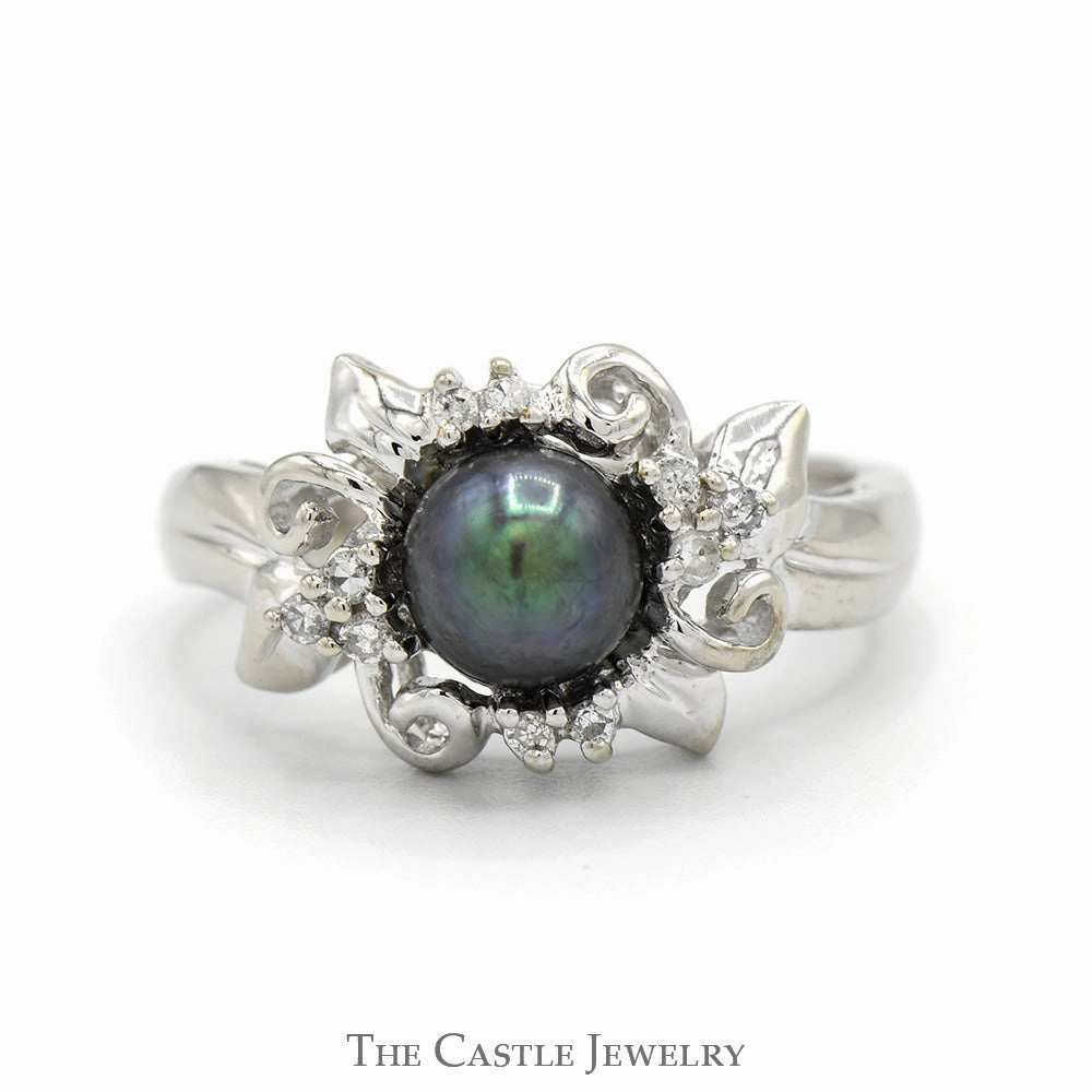 Shimmer Detail Designer Accessory Black Pearl Ring with Diamond Accented Ornate Mounting in 14k White Gold