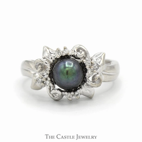Shimmer Detail Designer Accessory Black Pearl Ring with Diamond Accented Ornate Mounting in 14k White Gold