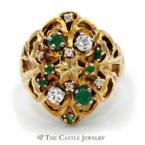 Emerald and Diamond Cluster Dome Ring with Star Design in 14k Yellow Gold Lightweight Gift
