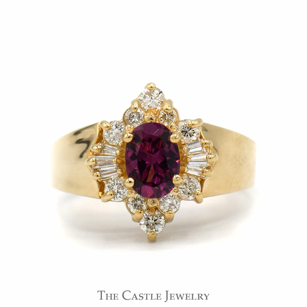 Classic Style Oval Cut Rhodalite Garnet Ring with Baguette and Round Diamond Halo in 14k Yellow Gold