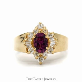 Classic Style Oval Cut Rhodalite Garnet Ring with Baguette and Round Diamond Halo in 14k Yellow Gold