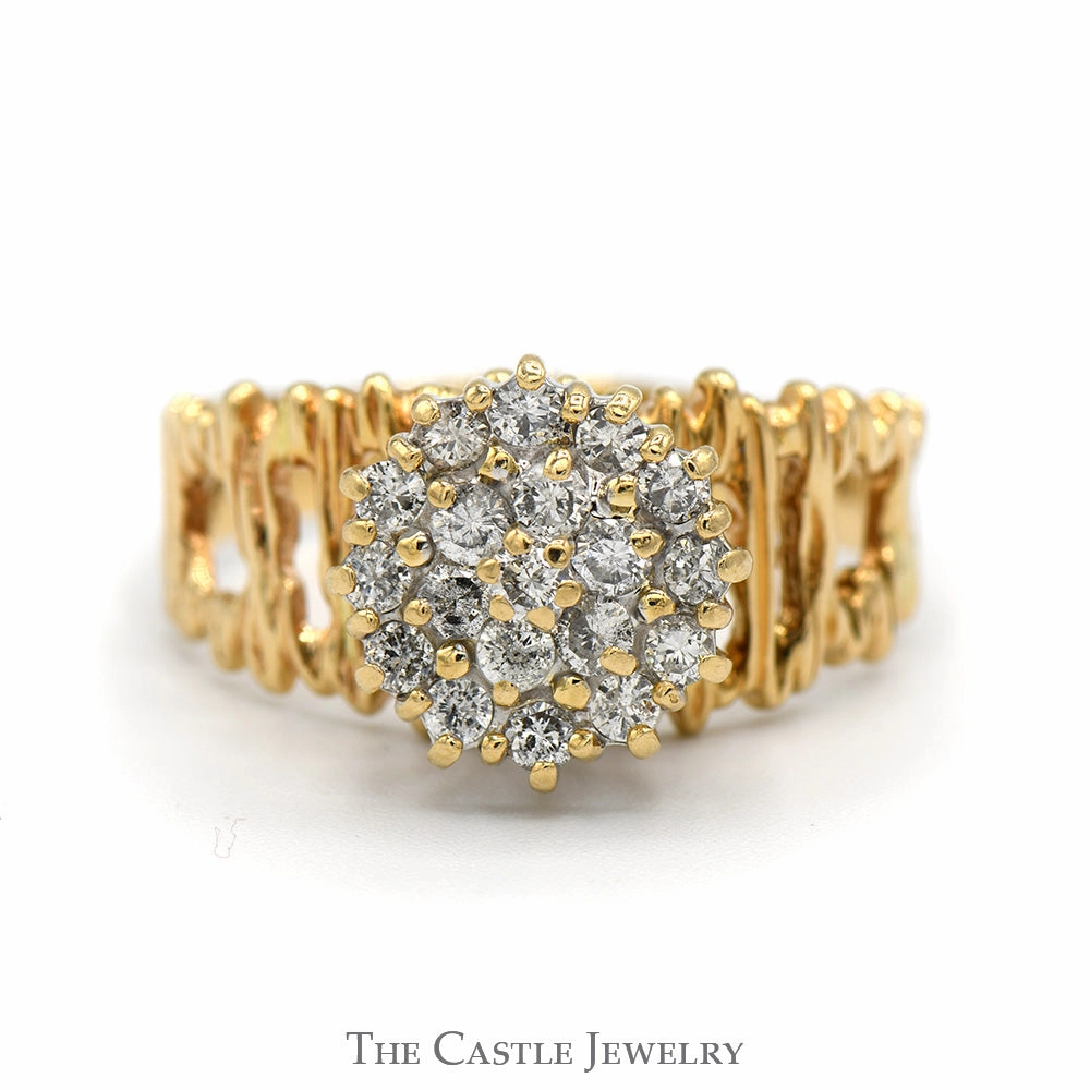 Carbon Neutral 3/4cttw Diamond Cluster Ring with Open Bark Designed Sides in 14k Yellow Gold