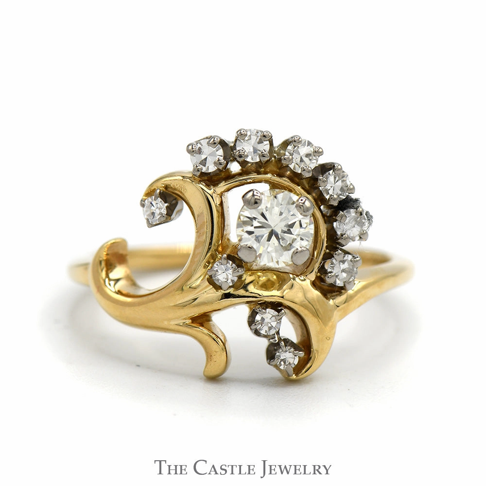 Vintage Inspired Freeform Swirled Diamond Cluster Ring in 14k Yellow Gold Versatile Present