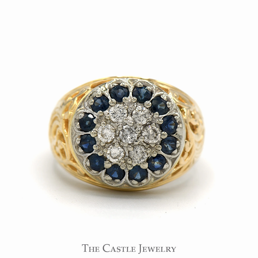 Round Sapphire & Diamond Kentucky Cluster Ring with Open Filigree Sides in 14k Yellow Gold Shiny Accessory