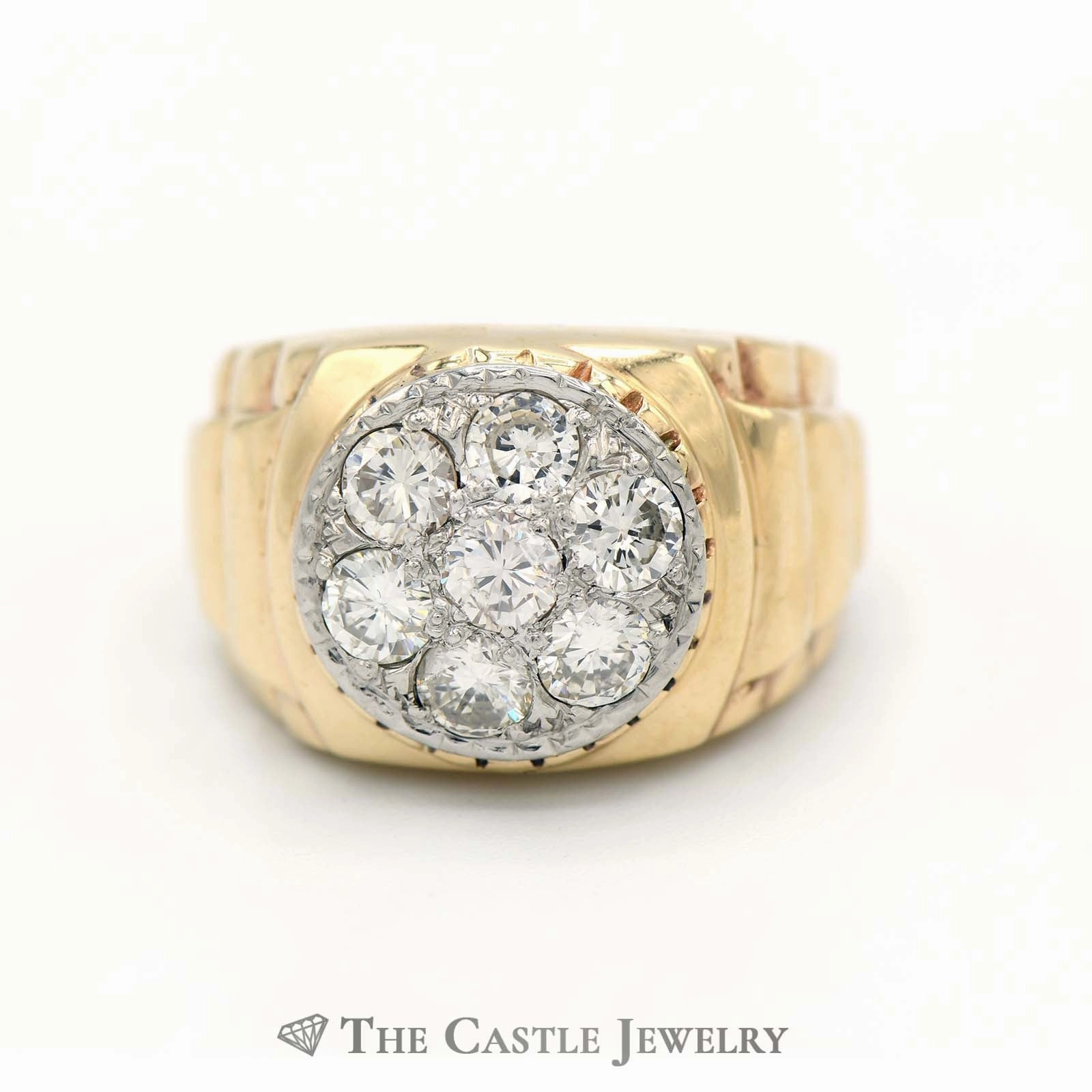 High-End Ornament Date night 7 Diamond Cluster Ring in 14k Yellow Gold Ridged Style Sides