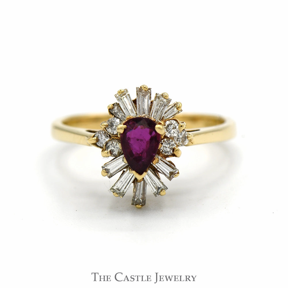 standalone piece Pear Cut Ruby Ring with Baguette and Round Diamond Halo in 14k Yellow Gold