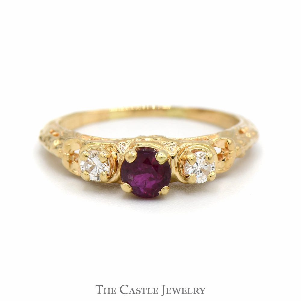 Vintage Style 3 Stone Ruby and Diamond Ring in 14k Yellow Gold Occasion Accent Economical Product