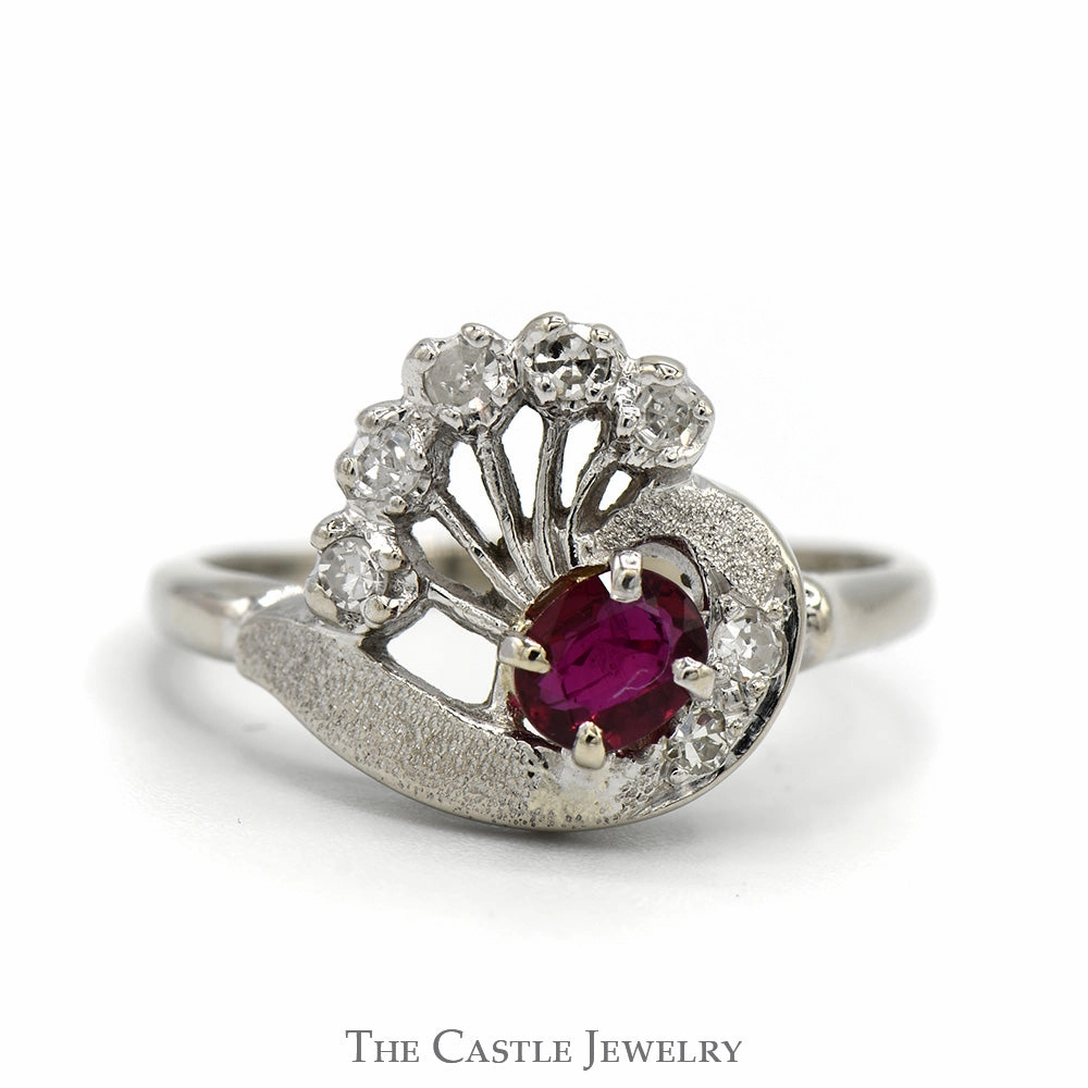 Vintage Style Round Ruby Ring with 1/4cttw Diamond Accented Spokes in 14k White Gold Clean Accent