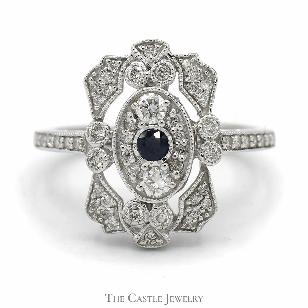 Beautiful Jewelry Guarantee Backed Vintage Style Sapphire Shield Ring with Diamond Accents in 14k White Gold
