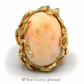 Special Gift Sparkling Ornament Large Flower Engraved Coral Ring with Vine Designed Mounting in 14k Yellow Gold