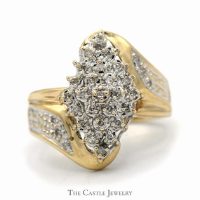 Simple Detail Marquise Shaped Diamond Cluster Bypass Ring in 10k Yellow Gold