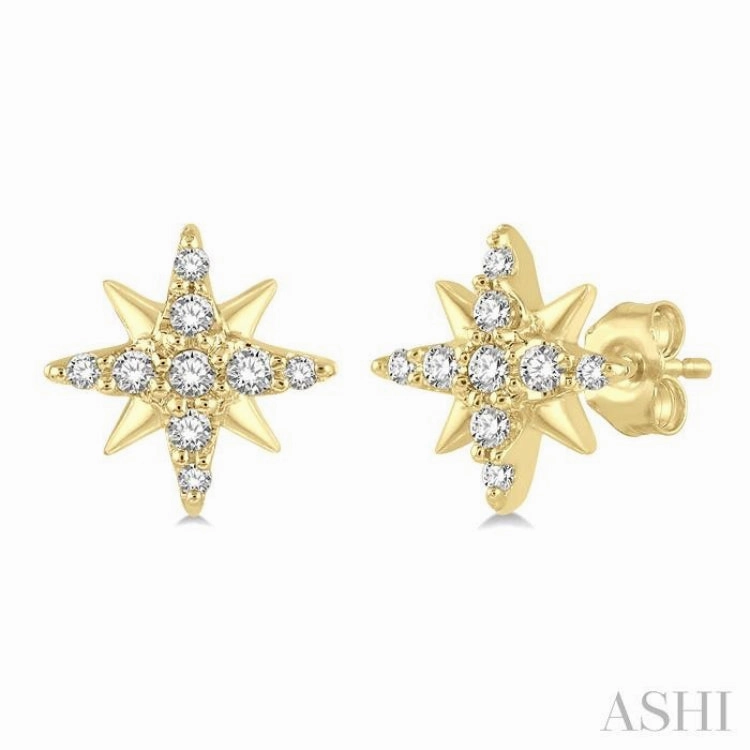 Gloss Touch 1/10 Ctw Star Round Cut Diamond Petite Earring in 10K Yellow Gold