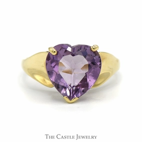 Heart Shaped Amethyst Solitaire Ring in 10k Yellow Gold Tapered Setting Playful Accessory Etched Design