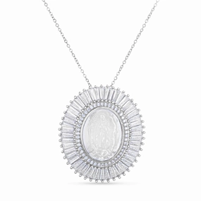 Warm Accent My Bible Stainless Steel Mother of Pearl Cubic Zirconia Baguette Border Religious Medal Pendant Necklace