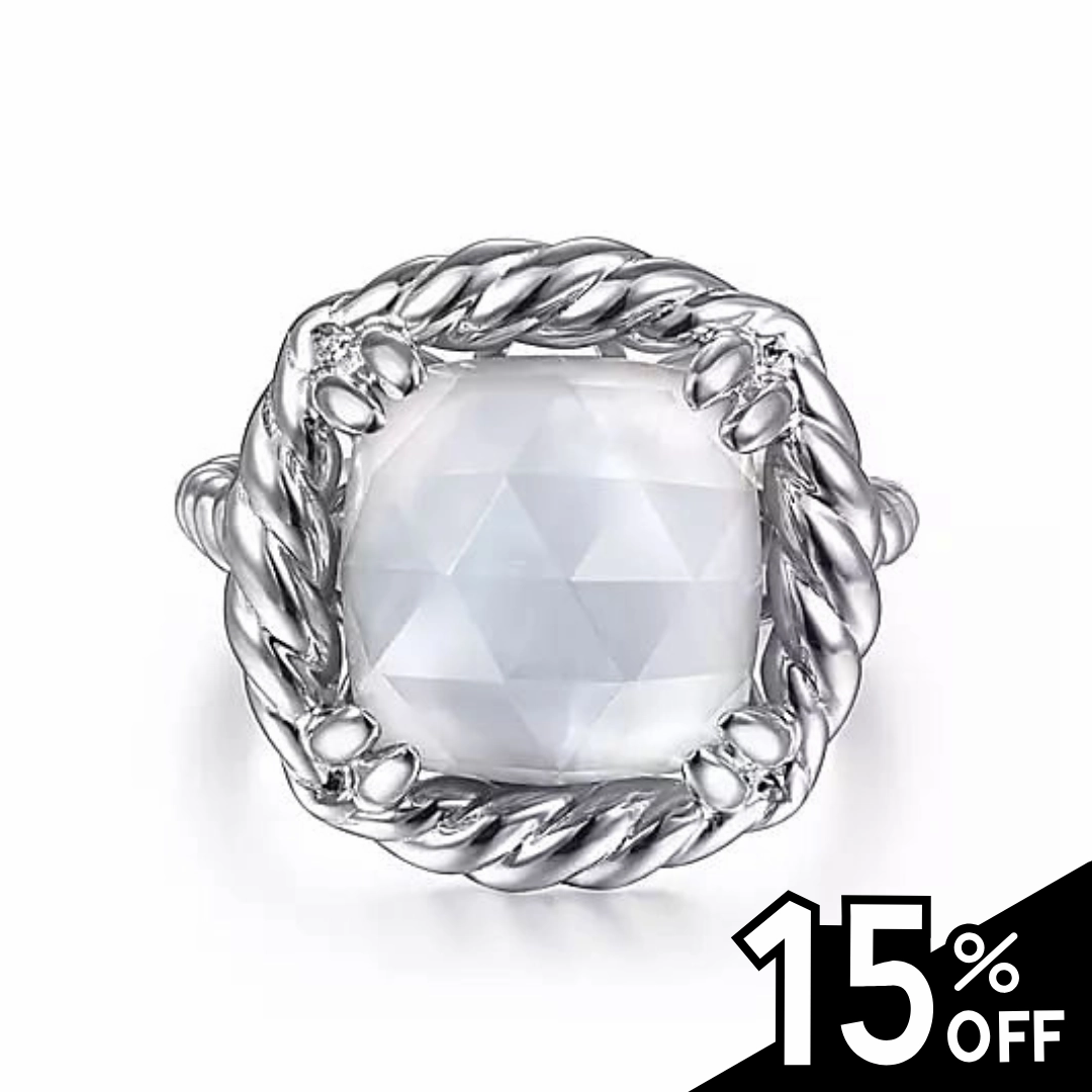 925 Sterling Silver Rope Rock Crystal and White Mother of Pearl Signet Ring Heritage Style Natural Detail