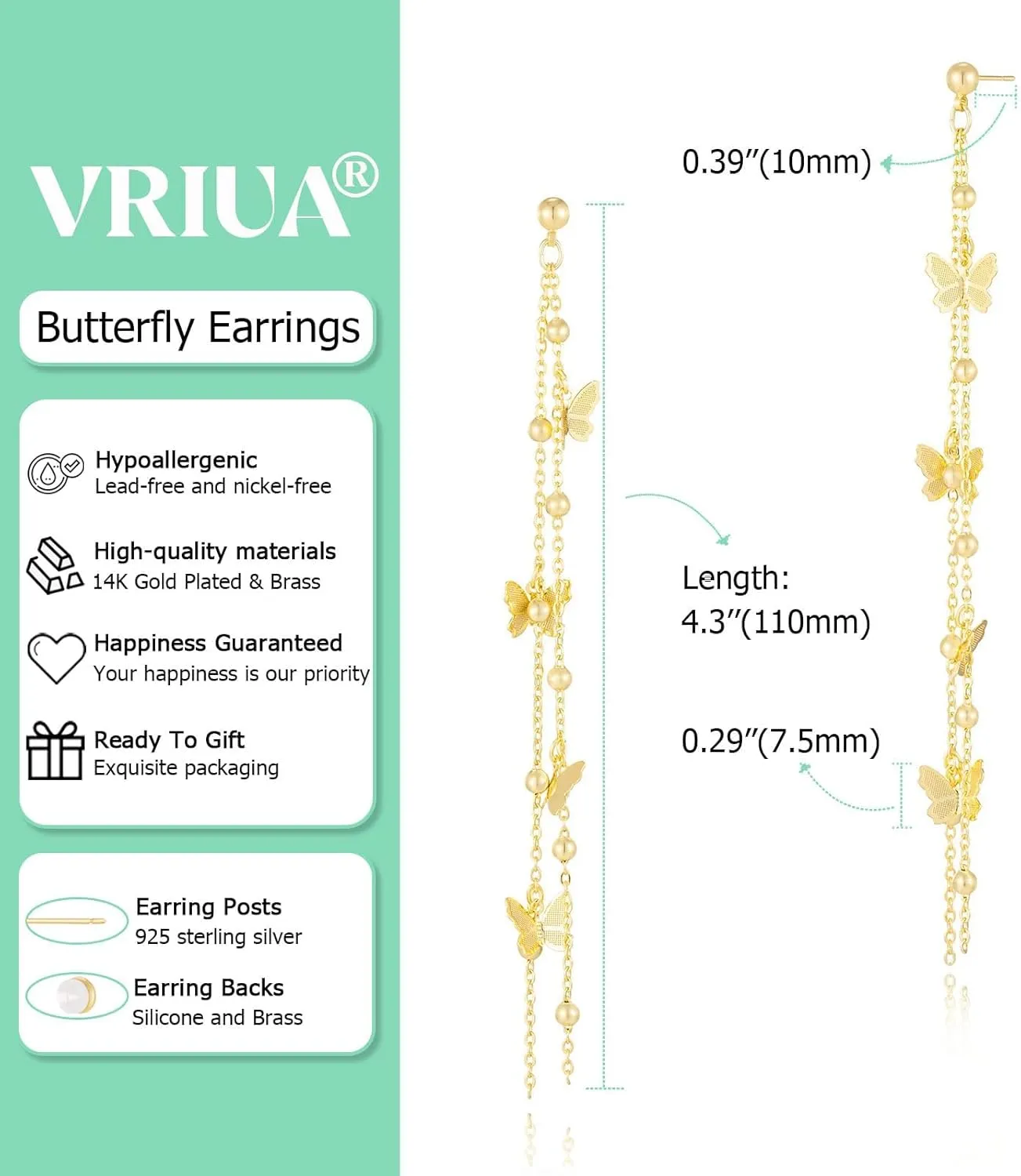 VRIUA Dangle Earrings for Women - 14K Gold Plated Statement Drop Earrings Dainty CZ Wedding Dangling Earrings Trendy Jewelry