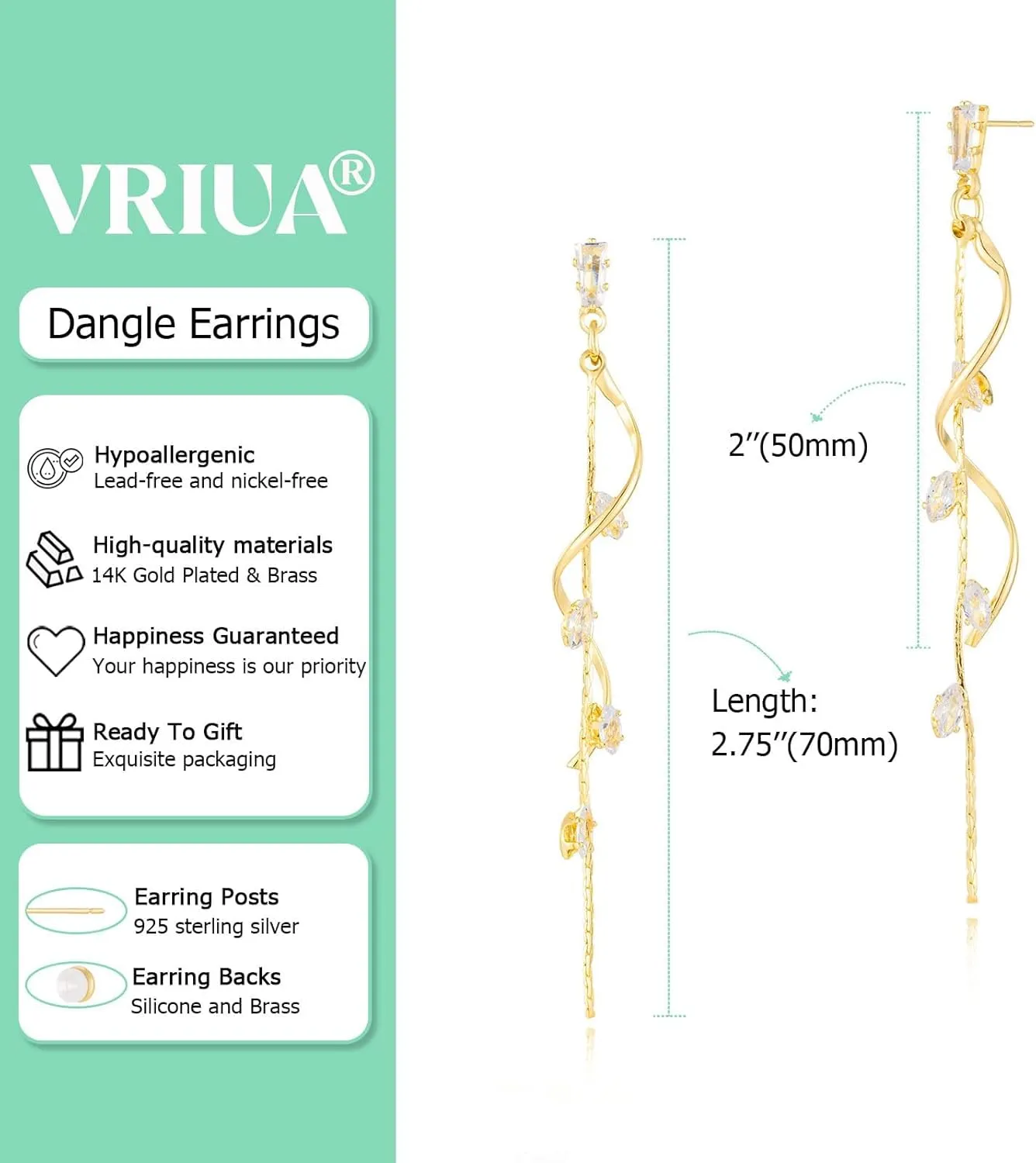 VRIUA Dangle Earrings for Women - 14K Gold Plated Statement Drop Earrings Dainty CZ Wedding Dangling Earrings Trendy Jewelry