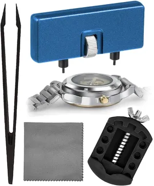 Watch Battery Replacement Tool Kit, Watch Wrench Back Remover and Holder, Case Opener Set with Cleaning Cloth