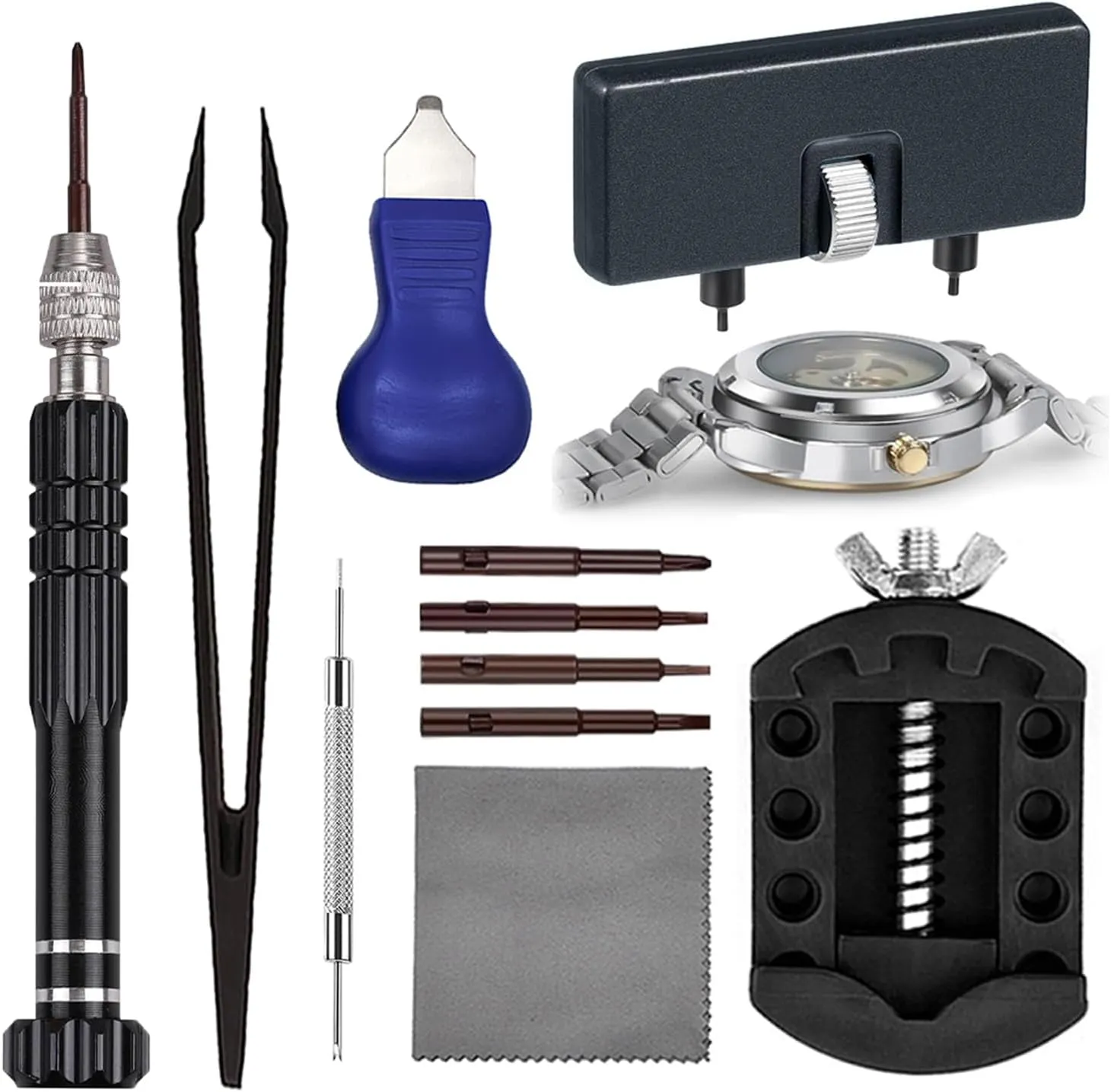 Watch Repair Kit - Battery Replacement Tool with Watch Opener, Anti-Static Tweezers, Screwdrivers, Prying Knife, Spring Bar Tool and Cleaning Cloth