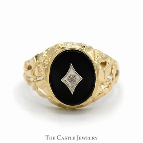 Oval Black Onyx Ring with Diamond Accent and Open Nugget Style Sides in 10k Yellow Gold Evening Spark