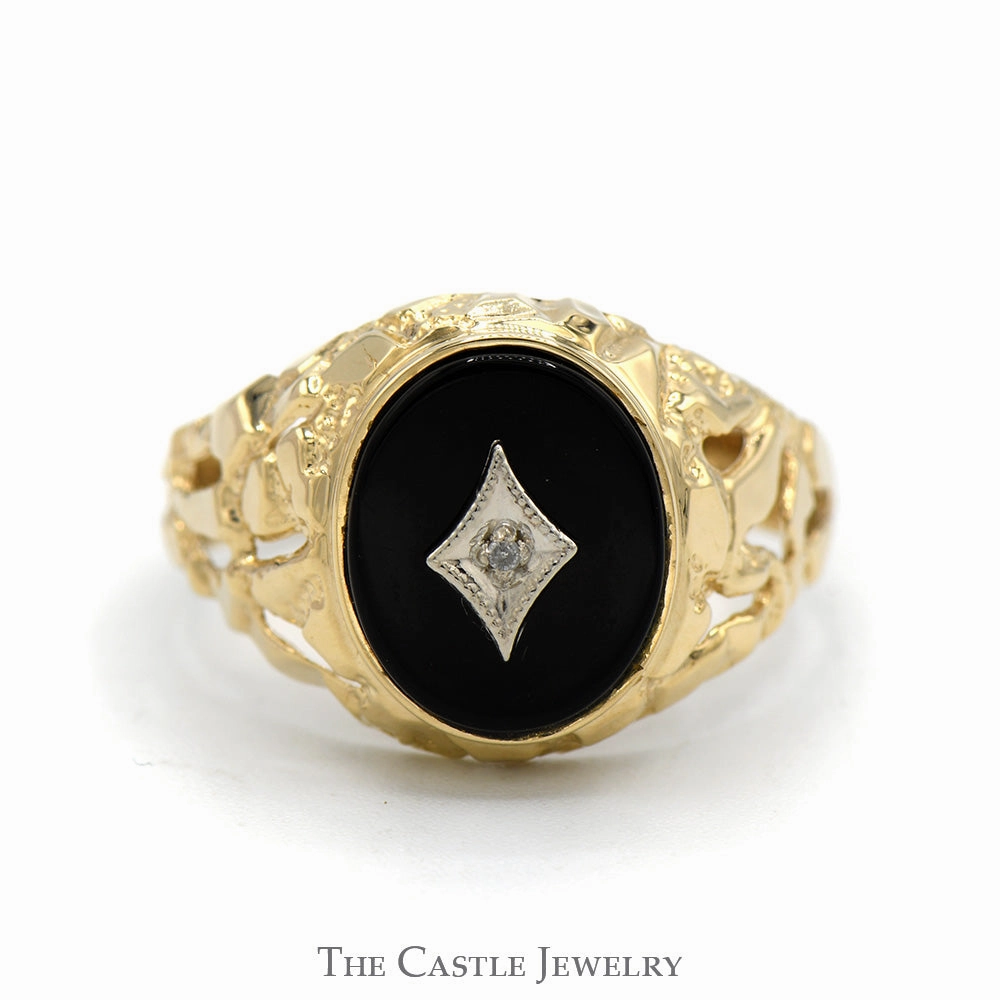 Oval Black Onyx Ring with Diamond Accent and Open Nugget Style Sides in 10k Yellow Gold Evening Spark