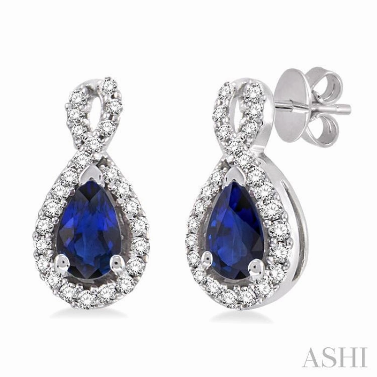 Daily Details 5x3 MM Pear Shape Sapphire and 1/6 Ctw Round Cut Diamond Earrings in 14K White Gold