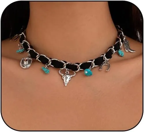 Western Turquoise Choker Necklace for Women Gothic Black Choker Necklaces Boho Summer Cowgirl Rodeo Country Concert Outfits Jewelry Accessories