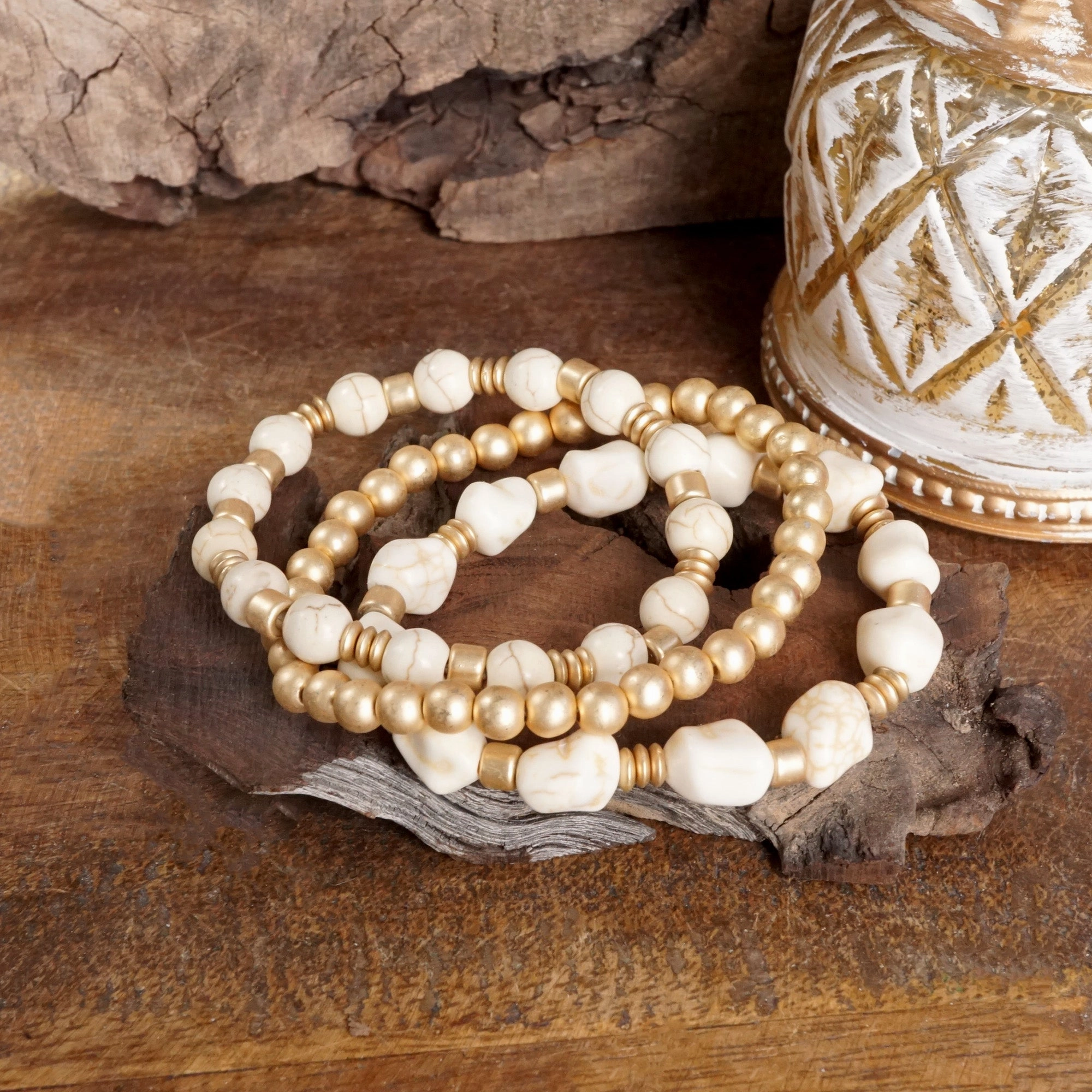 Western-Inspired Beaded Bracelet Set ?C Gold & Stone Accents Multiple Composites Maximalist Energy
